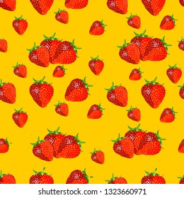 Vector seamless pattern with strawberries. Graphic stylized drawing.  Red strawberry on a yellow background