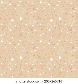 Vector seamless pattern with strawberries and hearts. Pink and white  berries and white hearts on a  beige background. Berry pattern in boho style for textiles