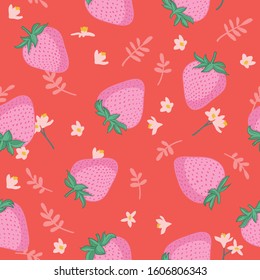 Vector seamless pattern with strawberries, leaves and flowers. Graphic stylized drawing.