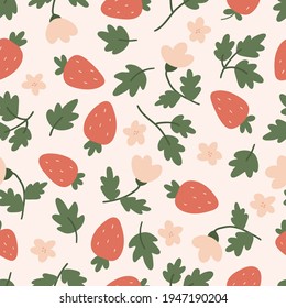 Vector seamless pattern with strawberries, leaves and flowers. Hand drawn doodle berries. Garden illustration.