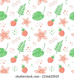 Vector seamless pattern with strawberries, leaves and tropical flowers. Perfect for textile, wallpaper, posters.
