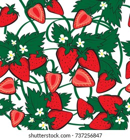 Vector seamless pattern with Strawberries and leaves. Perfect for fabric, textile, background, wrapping paper and other decoration, Vector illustration.