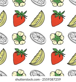 Vector seamless pattern with strawberries, lemon slices, flowers, and lemon in graphic, doodle style