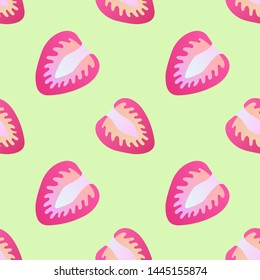 Vector seamless pattern with strawberries on a green background in cartoon style for children, boys and girls. Strawberry Berries Illustration
