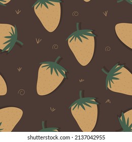 Vector seamless pattern with strawberries on a pink background. Repeating illustration for web and fabric design. Cartoon hand drawn style. For wallpaper and social media design