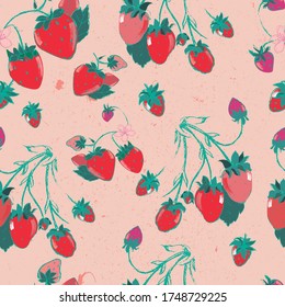 Vector seamless pattern with strawberries pink background