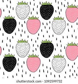 Vector seamless pattern with strawberries. Scandinavian motives. Drawing by hand. Cute print