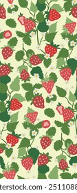 Vector seamless pattern with strawberries. Trendy summer design with strawberries, leaves and flowers. Vector illustration.