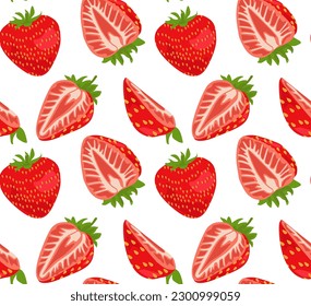 Vector seamless pattern with strawberries whole and cut into slices. Summer pattern. Suitable for prints and backgrounds.