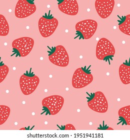 Vector seamless pattern with strawberries.pale pink background.ripe strawberries. white dots. Graphic stylized drawing.