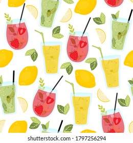 Vector seamless pattern with strawberry and classic lemonade and mojito, lemons and mint leaves. Summer background