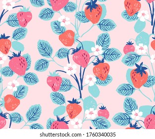 Vector seamless pattern with strawberry hand drawn in pencil in trendy colors