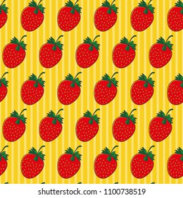Vector seamless pattern with strawberry on stripe yellow backdrop. Food background. For restaurant or cafe menu, design banner, wrapping paper. Cute berry design, wallpaper, print for clothes or cover