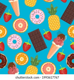 Vector seamless pattern of strawberry, orange, grapefruit, pineapple, doughnut, ice cream, chocolate bar on blue background. Seamless pattern textures of fruits and desserts fabric design, summer spri