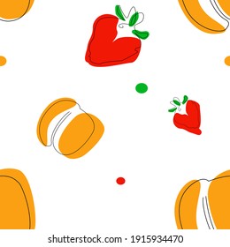 Vector seamless pattern with strawberry, peach and decorative elements. Minimal design for packages, wallpaper, kid clothes, sets of bed-linen and other textile, etc
