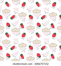 Vector seamless pattern with strawberry and rainy cloud in cartoon flat doodle style. Hand drawn fresh berry. Colorful doodle wallpaper in pink and beige. Childish print