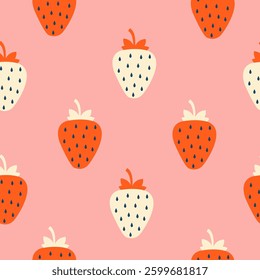 Vector seamless pattern with Strawberry. Summer abstract pattern. Berries illustration on a pink background. 