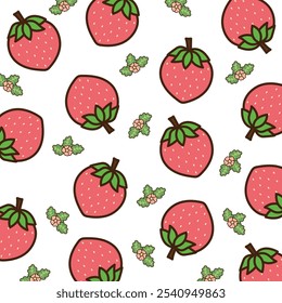 Vector seamless pattern with strawberry.Cute red strawberries and flowers seamless pattern.Design for print screen backdrop ,Fabric and tile wallpaper.Cartoon fruits. 