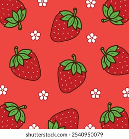Vector seamless pattern with strawberry.Cute red strawberries and flowers seamless pattern.Design for print screen backdrop ,Fabric and tile wallpaper.Cartoon fruits. 