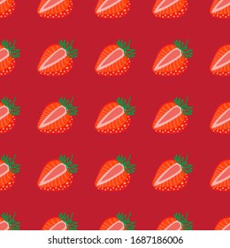 Vector seamless pattern of Strawberrys, design colorful abstract illustration. Whole and sliced red Strawberry berry on red background for patterns, textile, packgage, wrapping, wallpapers and cards