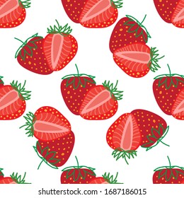 Vector seamless pattern of Strawberrys, design colorful abstract illustration. Whole and sliced red Strawberry berry on white background for patterns, textile, packgage, wrapping, wallpapers and cards