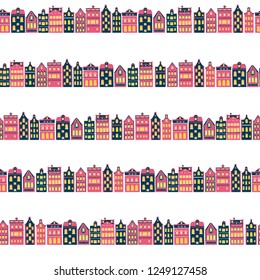 Vector seamless pattern of street with european houses