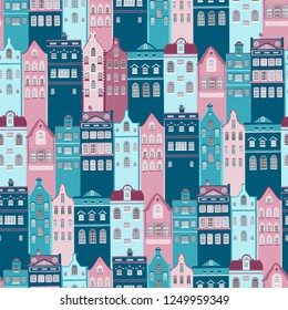 Vector seamless pattern of street with european houses. Amsterdam