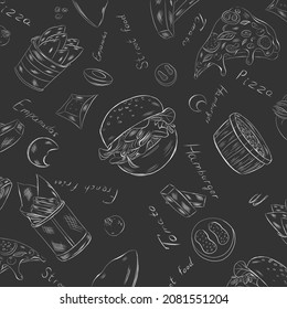 Vector seamless pattern of street food white elements on black background