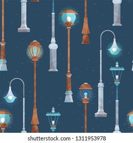 Vector seamless pattern of street lamps. Various street lights on dark blue background. Flat boundless background with modern noise texture, lights and shadows.