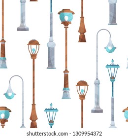 Vector seamless pattern of street lights. Various street lamps on white. Flat boundless background with modern stipple texture, lights and shadows.