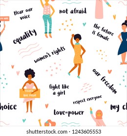 Vector seamless pattern of striking women and different quotes. Concept of feminism, girl power, movement, female equality, equal social and civil right.