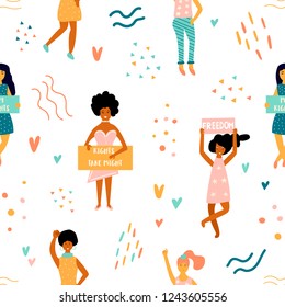 Vector seamless pattern of striking women and hand drawn elements. Concept of feminism, girl power, movement, female equality, equal social and civil right.