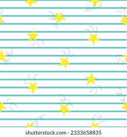 Vector seamless pattern with striped blue lines and yellow stars in cartoon style