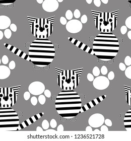 Vector of seamless pattern with striped cartoon cat and pow