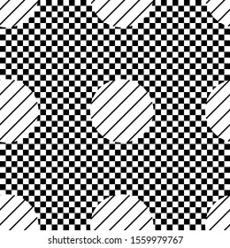 Vector of seamless pattern with striped circles on checkered background.Black and white.Polka dots