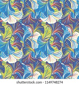 Vector seamless pattern with striped flowers leaves on blue background. Abstract floral autumn background. Vintage print with leaves and flowers for autumn decor and fall fashion. Fall leaves texture