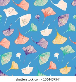 Vector seamless pattern with striped flowers leaves on blue background. Abstract floral summer background. Vintage print with ginkgo leaves for spring decor and summer fashion. spring leaves texture