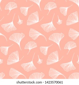 Vector seamless pattern with striped flowers leaves on baby pink background. Abstract floral summer background. Vintage print with ginkgo leafs for spring decor and baby fashion. Spring leaves texture