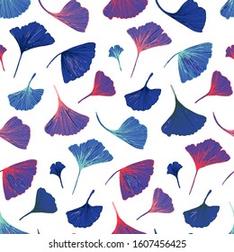 Vector seamless pattern with striped flowers leaves on white background. Abstract floral summer background. Vintage print with ginkgo leaves for spring decor and summer fashion. Neon leaves texture