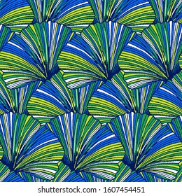 Vector seamless pattern with striped leaves. Abstract spring summer background with tropical and nautical motifs. Vintage print with leaves for summer decor and spring fashion. Ginkgo leaves texture