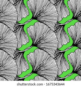 Vector seamless pattern with striped leaves. Abstract spring summer background with tropical and nautical motifs. Vintage print with leaves for summer decor and spring fashion. Ginkgo leaves texture