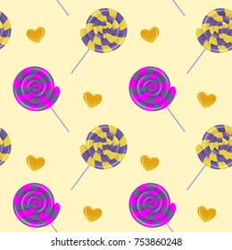 Vector seamless pattern with striped lollipops and hearts. Background with sweets on stick on yellow backdrop. EPS10. Can be used as wrapping paper, design of banner, card, cover, print on cloth.