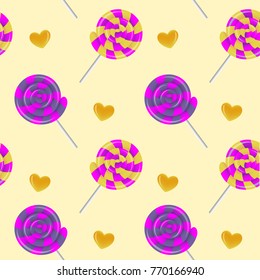 Vector seamless pattern with striped sweets and yellow hearts. Lollipop background. EPS10. Can be used as wrapping paper, design of banner, card, cover, print on cloth.