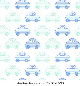 Vector seamless pattern with striped toy machine. Background for baby shop, store, market, kids centre, kindergarten. Print on clothes for boys and girls.