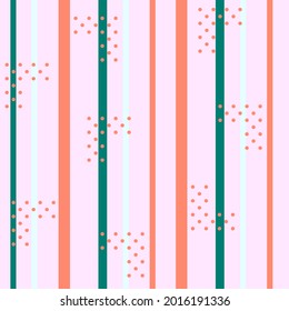 Vector seamless pattern with stripes and polka dots in gentle tones as terra cotta orange, emerald green on pale Pink lavender background. Pastel trendy colors geometry. Modern wallpaper design. Wall.