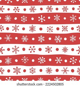 Vector seamless pattern with stripes and snowflakes. Cute design for Christmas wrappings, textile, wallpaper and backgrounds.