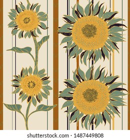 Vector seamless pattern with stripes and sunflowers, 70 s look. Yellow and green colors.