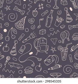 Vector seamless pattern with stuff of leisure - beer, food, music, drinks, ping pong, coffee, camera and others on dark background