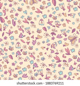 Vector seamless pattern in the style of children's drawings. Primitively drawn elements - bee, bell, butterfly, flower, sun.

