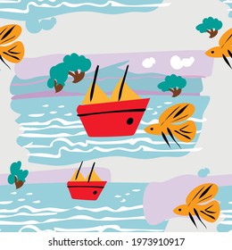 
Vector seamless pattern in the style of children's drawing on the marine theme